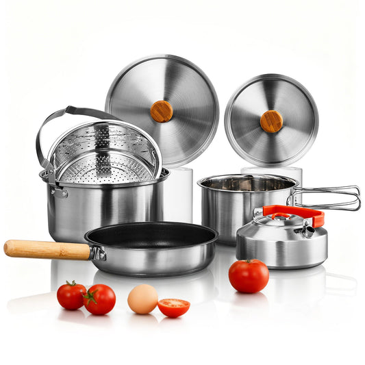 Camping Cookware Mess Kit with Nonstick Pot, Pan and Kettle, 19 or 27 Pieces