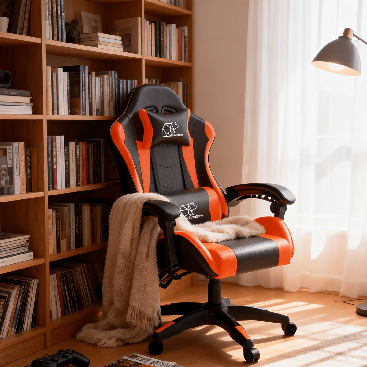 Gaming Chair shown in the No Footrest, Black and Orange option