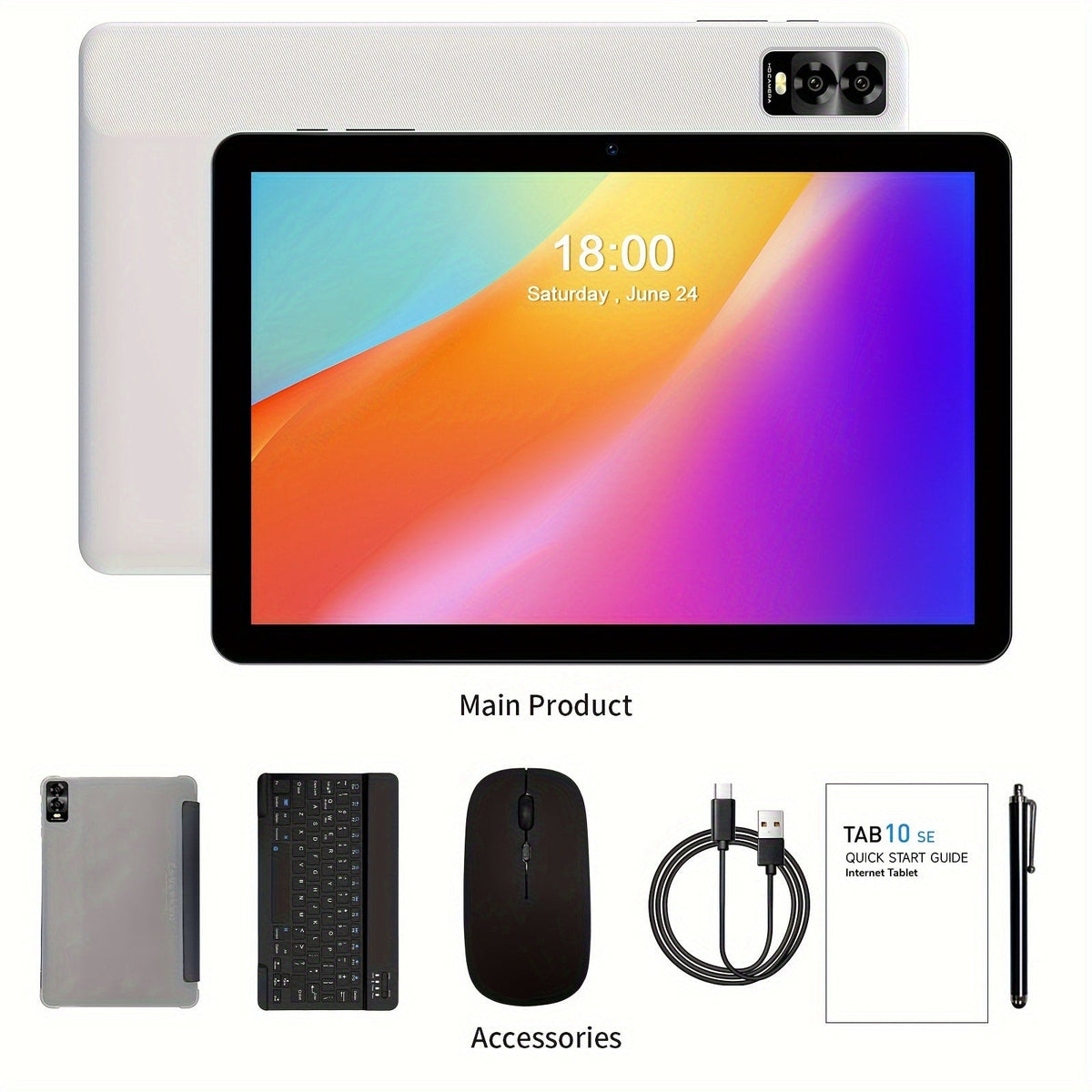 PRITOM Octa-Core Android 14 Tablet 10.1 Inch 8GB RAM 32GB ROM 2-in-1 with Keyboard Mouse Stylus & Protective Case, 1TB Expandable, Dual Camera, No WiFi Offline Tablet PC for Work Study Entertainment