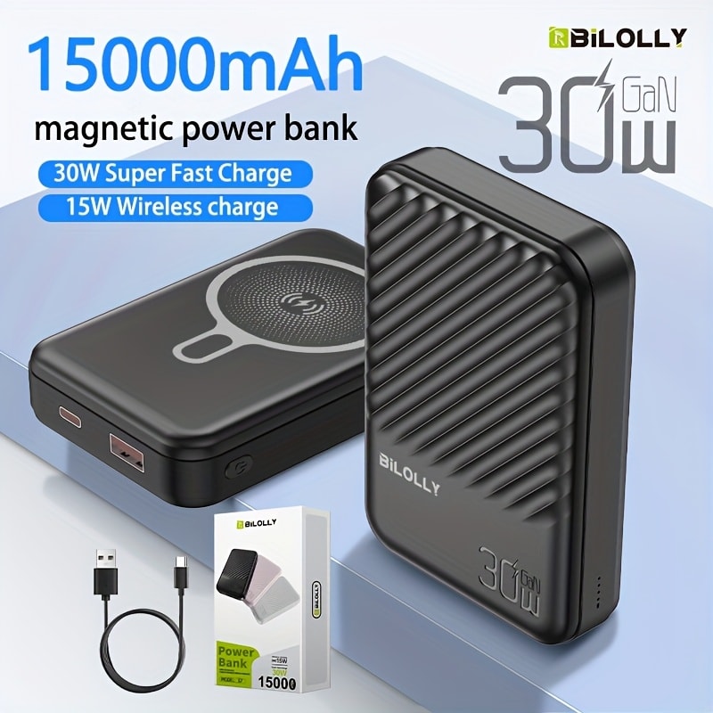 15W Wireless 22.5W Fast Charge Magnetic Power Bank 10000mAh 15000mAh, MagSafe Compatible Portable Charger USB-C LED Display Slim Lithium Polymer Battery for iPhone Android Samsung – Cable-Free Charging