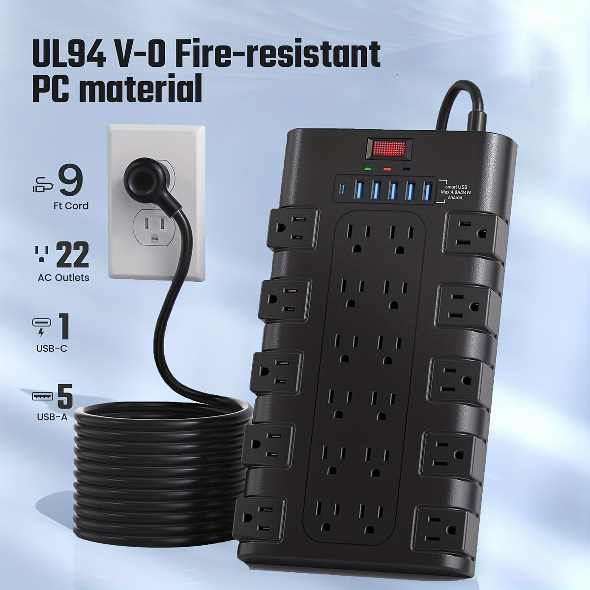 Gaming Room Surge Protector Power Strip 28-in-1 with 22 AC Outlets 6 USB Ports 24W 2100 Joules 1875W 15A Flat Plug Wall Mount Switch 5 7 13ft Extension Cord for Home Office Dorm Gaming Setup – Black