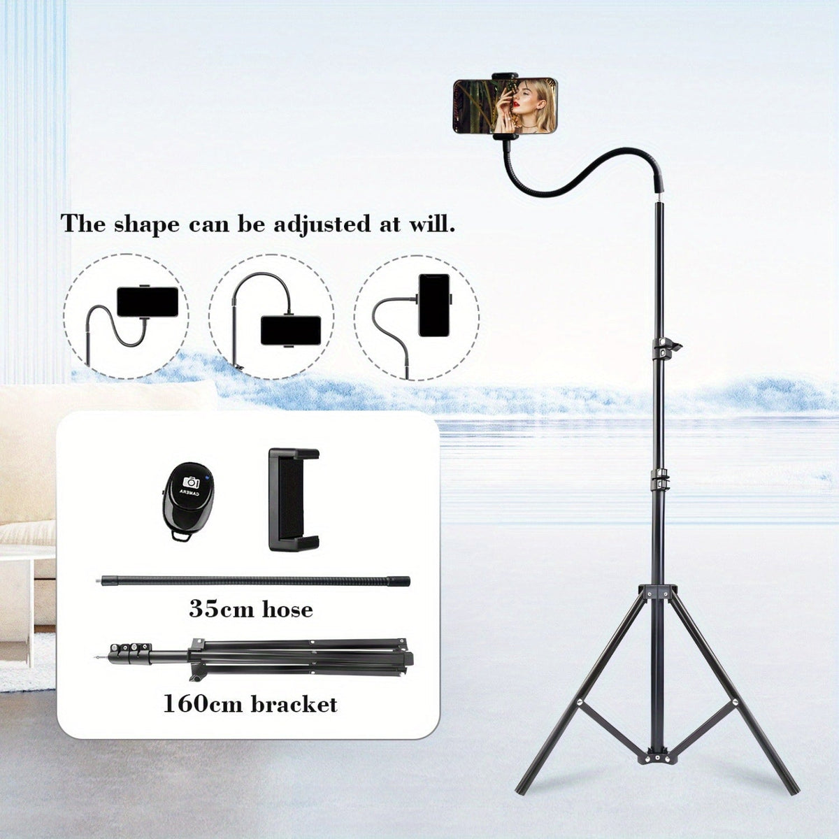 Gooseneck Phone Tripod Stand 63 Inch Flexible with Secure Phone Holder & Retractable Aluminum Base – Portable Adjustable Height for iPhone Android Vlogging Live Streaming Cooking Fitness Video Recording