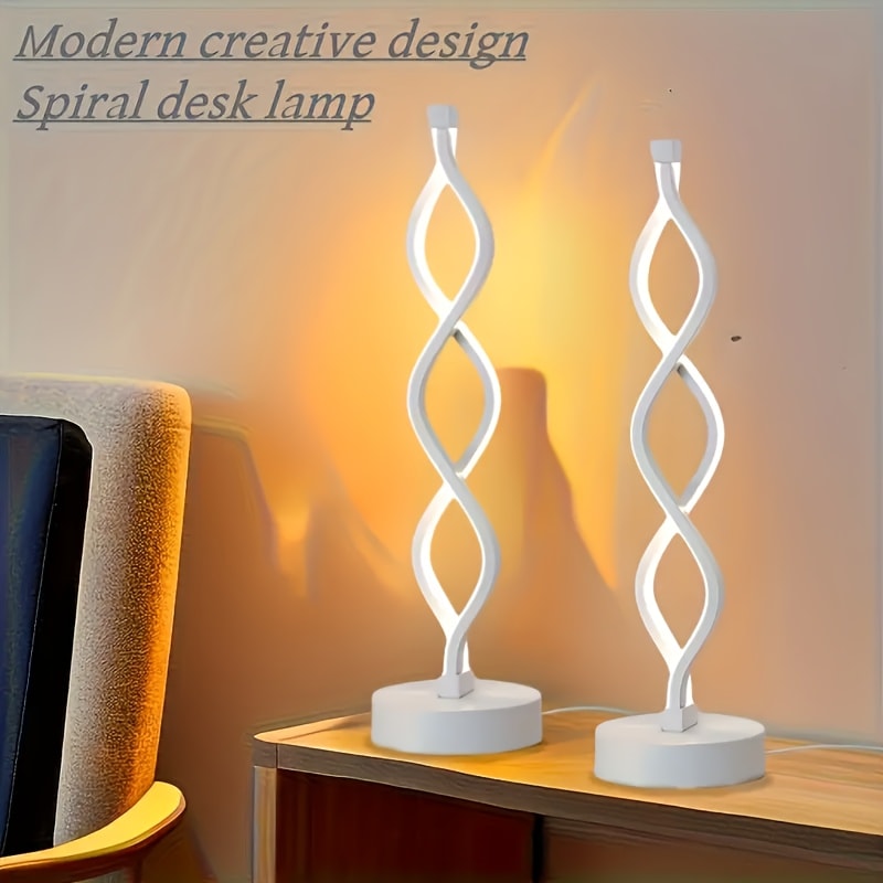 Spiral LED Table Lamp – Modern Minimalist Wave Dimmable Desk Lamp, 3 Color Temperatures, USB Charging, Metallic Base, Creative Curved Night Light for Bedroom Living Room Office Study (1pc / 2pc / Wooden)