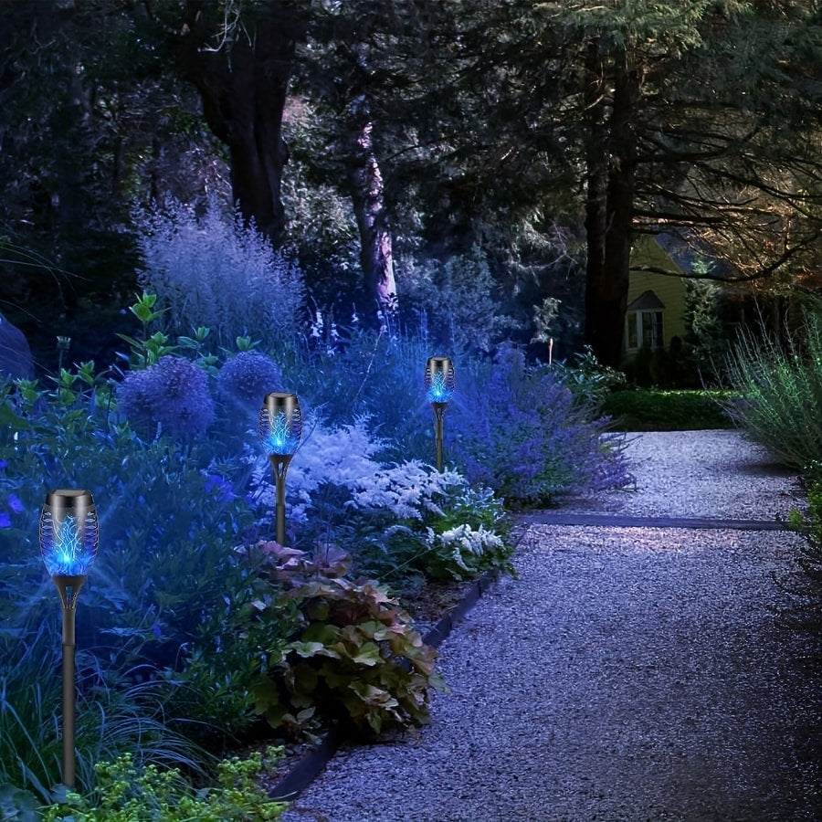 Solar Torch Lights Flickering Flame Outdoor – Auto On/Off Dancing Flame Solar Garden Lights IP54 Waterproof | Landscape Pathway Torch for Garden, Yard, Patio & Christmas Decoration | 6/8/12pcs Blue