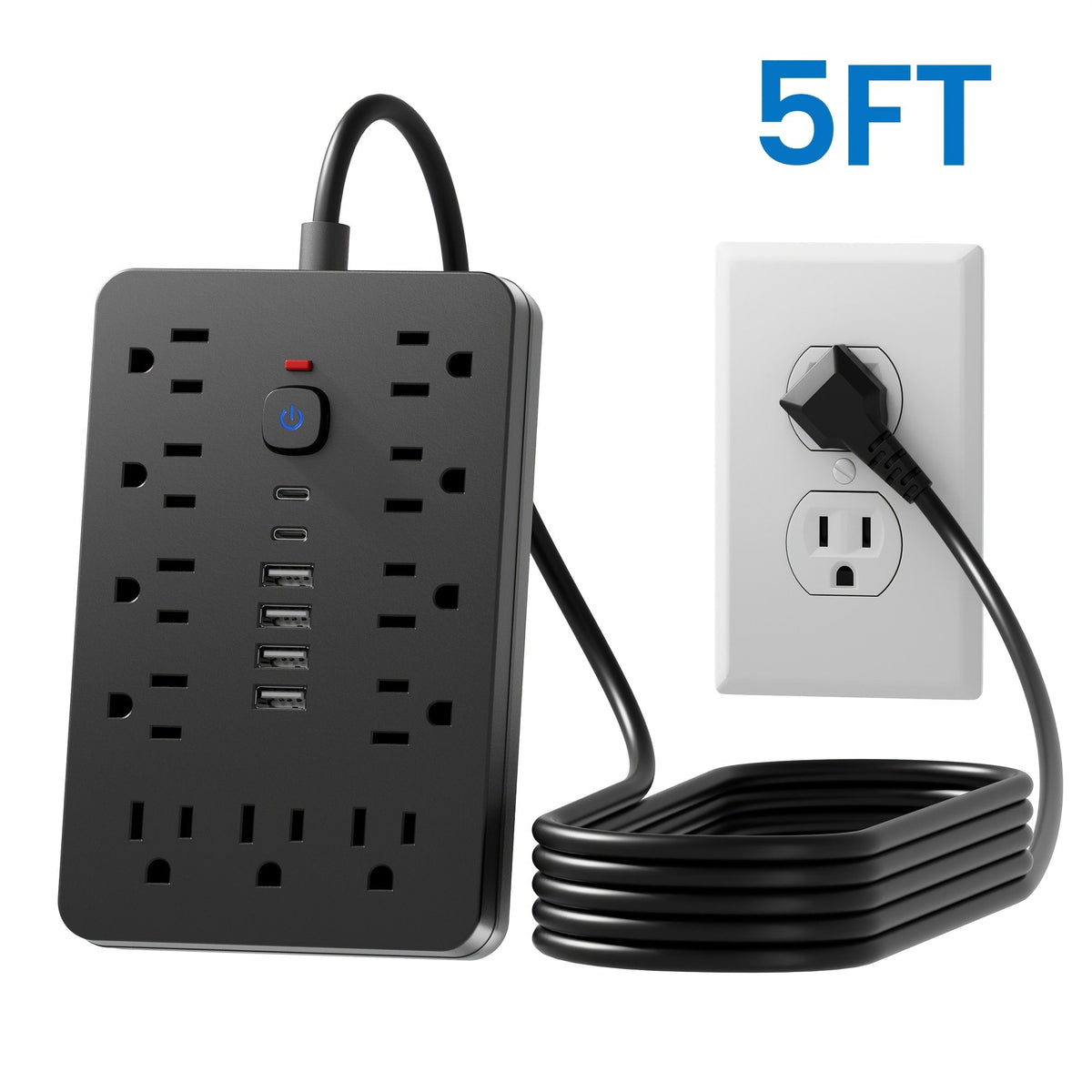 Extension Cord Power Strip with USB Ports 11 AC Outlets 4 USB-A 2 USB-C Surge Protector Overload Protection Short Cord 5FT 10FT for Home Office Study School Desk Charging Station White Black