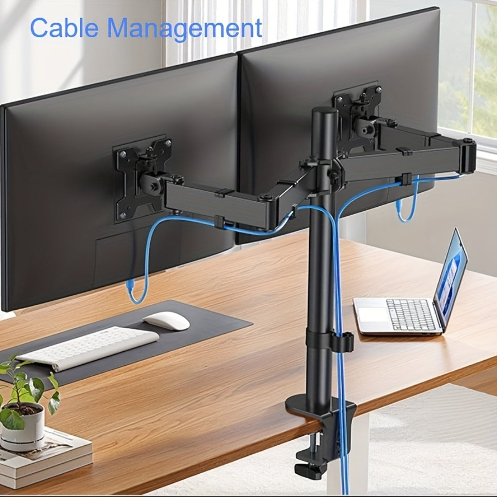 Adjustable Dual Monitor Arm for 13-32 Inch Screens, VESA 75x75/100x100mm, 45° Tilt 90° Swivel 360° Rotation, 17.6 lbs per Arm, C-Clamp & Grommet Mount, Cable Management, Space-Saving Home Office Desk Stand