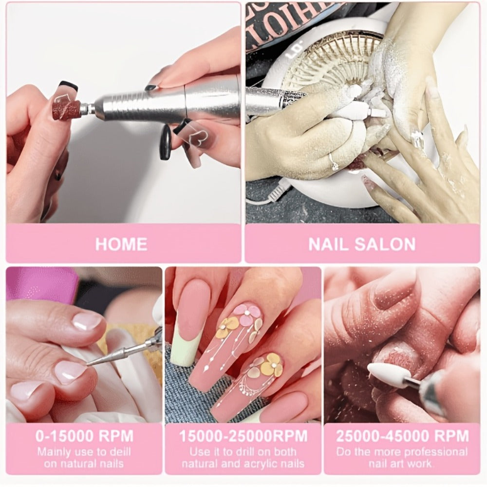 Nail Drill 45000 RPM LCD Display Adjustable Speed Cordless Electric Nail File Low Noise Manicure Machine Buffing Polishing Tool Set for Salon Home Women Nail Techs Pink White Purple