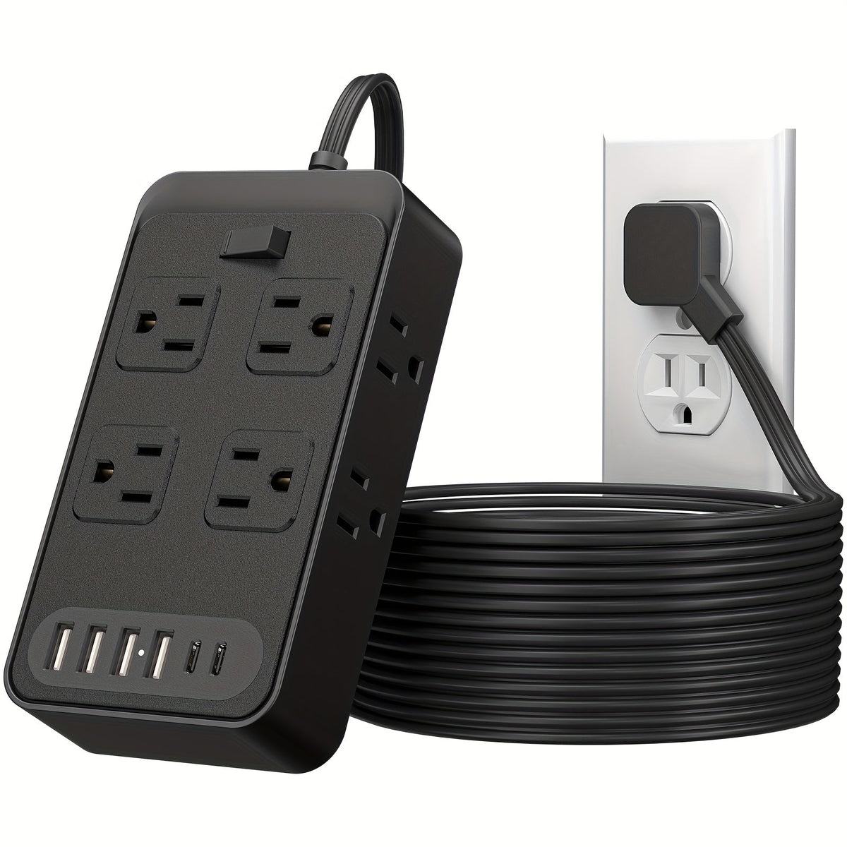 One-Touch Switch Desk Charging Station 14-in-1, 8 Widely Distributed AC Outlets & 6 USB Ports (4 USB-A + 2 USB-C), Surge Protection, Compact Portable Power Strip for Home Office Desktop – Safe & Organized