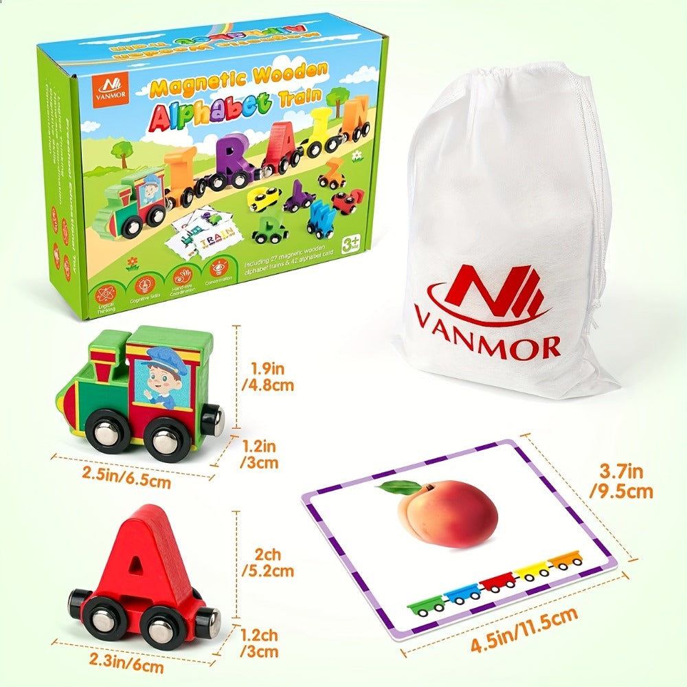 Wooden Alphabet Train Set, 27-Piece Magnetic ABC Letter Toy with 42 Flash Cards & Storage Bag