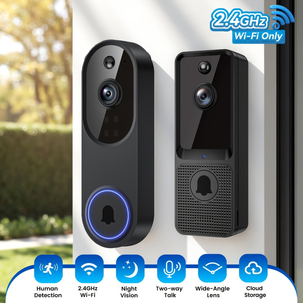166° Wide Angle Video Doorbell 720P 2.4G 5G Dual-Band WiFi – Color Night Vision, AI Vehicle & Person Detection, Two-Way Voice, No Wiring, Real-Time App View, Single or 2-Pack, Black