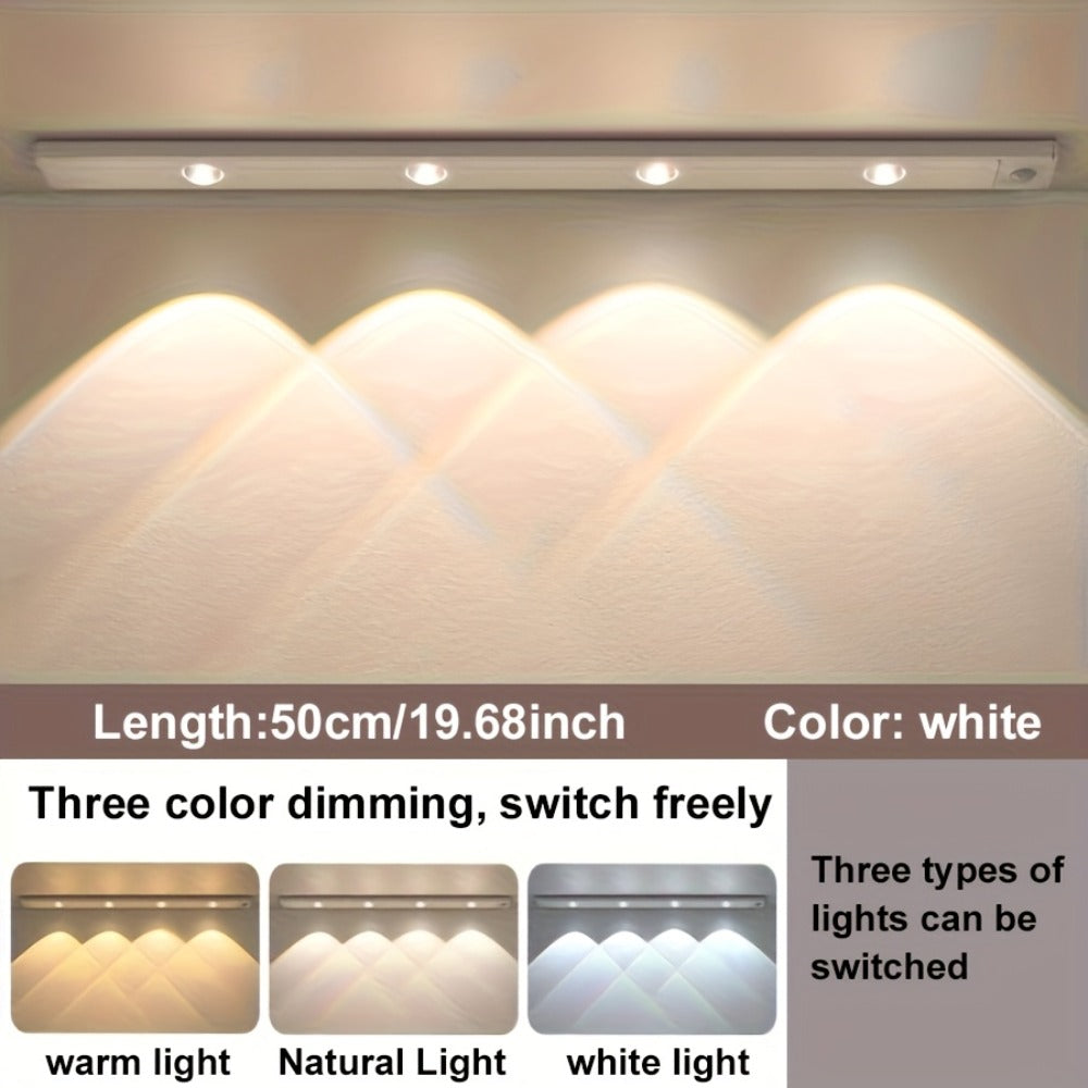 Motion Sensor LED Strip Light USB Rechargeable – 3-Color Dimmable Wireless Night Light for Kitchen, Wardrobe, Cabinet, Shoe Cabinet & Bedroom (20cm / 30cm / 40cm / 50cm, 1 or 2 Pack)