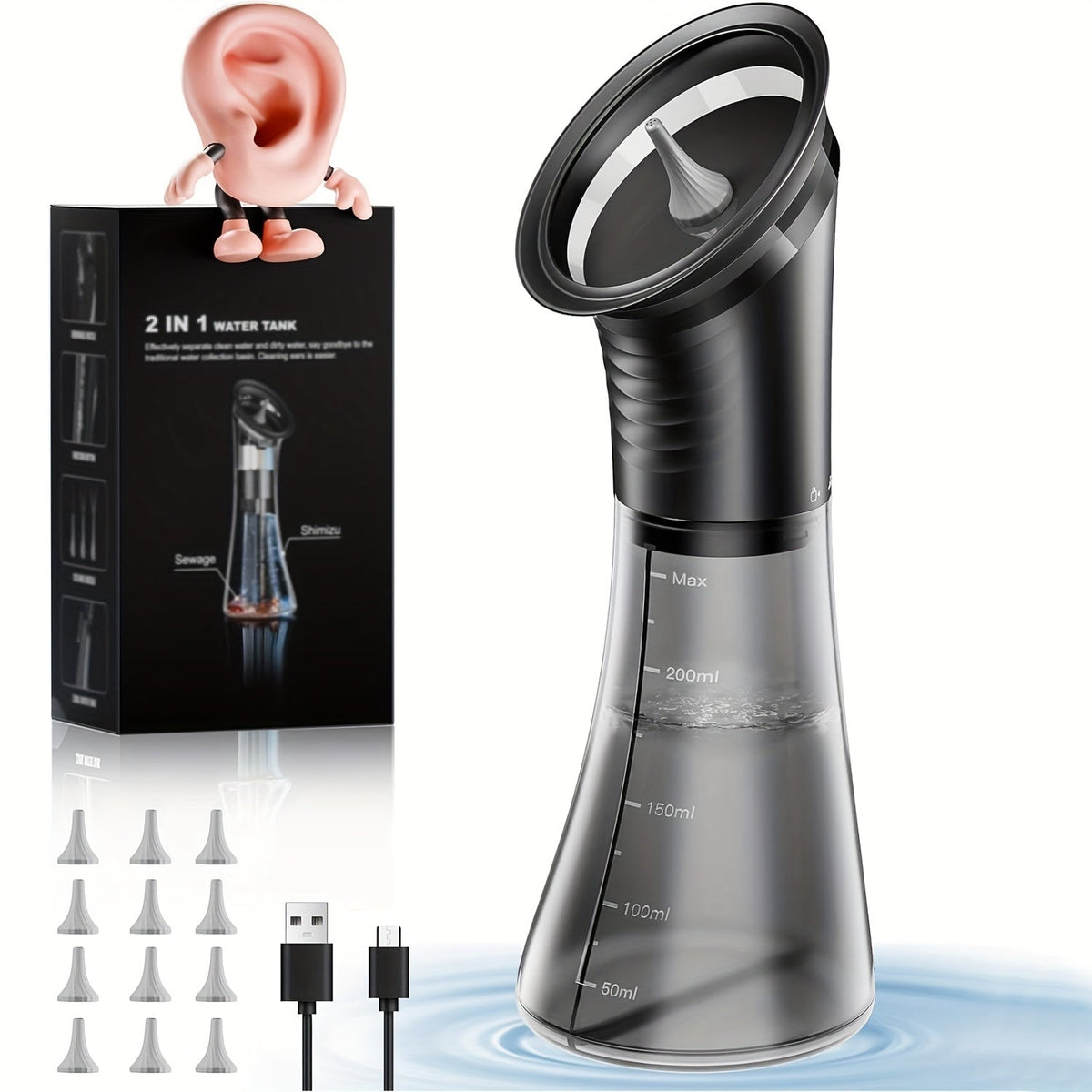Ear Wax Removal Kit Electric Hydraulic Pro – 3-Speed Water Flushing Ear Cleaner with Temp Sensor, Visual Waste Tank, USB Rechargeable, Nozzle Belt, Medical-Grade Safe Home Ear Care System