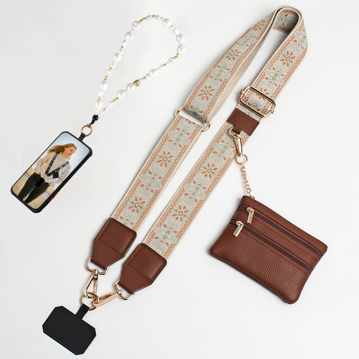 Crossbody Phone Strap Wallet Pouch with Beaded Charm Detachable Wrist Lanyard Card Holder Hands-Free Shoulder Strap for Women Girls iPhone Samsung – Green Purple Brown Pink 5 Colors