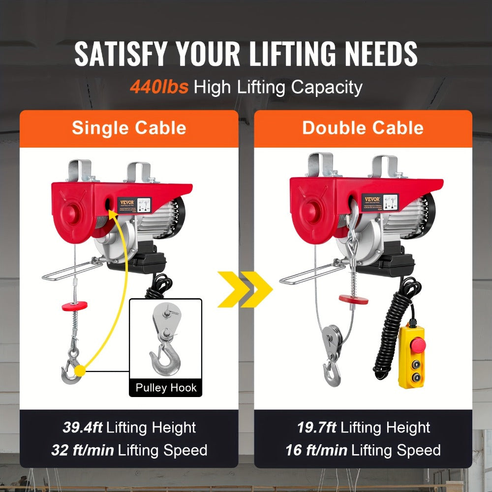 Electric Hoist 440 lb Garage Hoist Winch 120V – 220 lb Single Rope / 440 lb Dual Rope, 40 ft Lift Height, Solid Copper Motor, Emergency Stop Switch, 5.25 ft Corded Control for Garage, Workshop & Construction