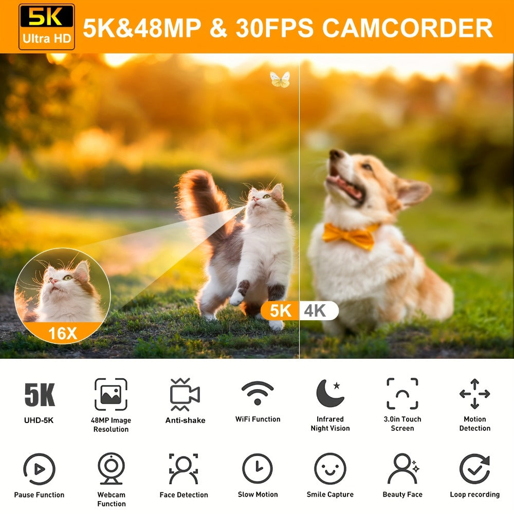5K 30FPS Vlog Camera 48MP UHD WiFi with 16x Digital Zoom, IR Night Vision, 270° Rotatable Touch Screen & 6-Axis Stabilization - Outdoor Video Camera with Mic, Stand & Carry Bag