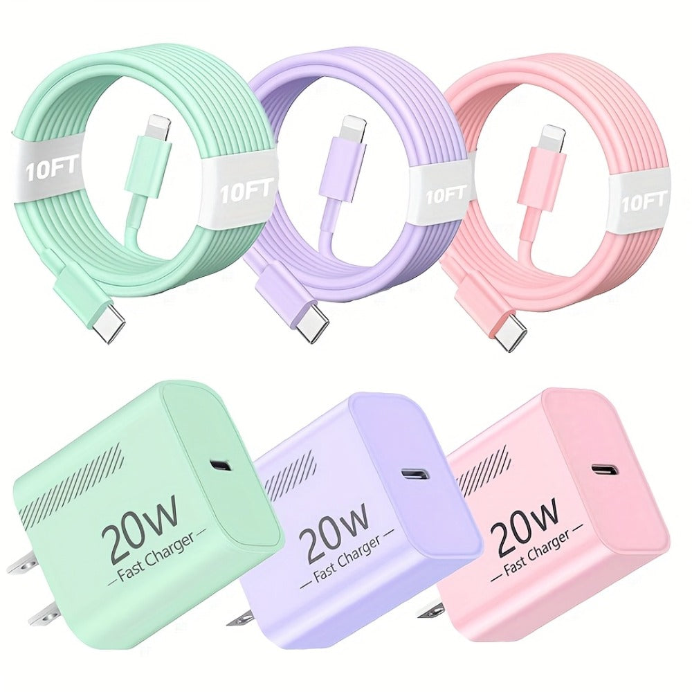 20W iPhone Fast Charger Bundle 3-Pack with 10ft L-Shaped Lightning Cable – 3 Chargers + 3 Cables Set for iPhone 14 13 12 11 Pro Max SE XR – Multi-Color USB-C Wall Charger Kit Family Value Pack