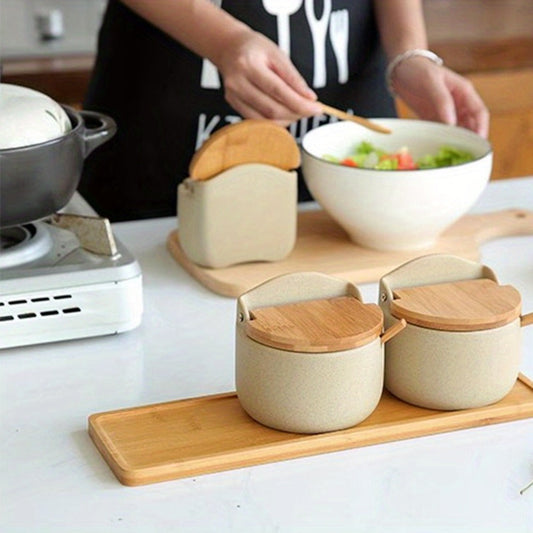 Ceramic Seasoning Pot Set with Lids, Spoons and Tray for Countertop Spice Storage