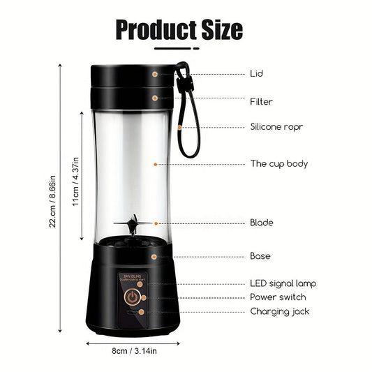 Portable Blender Cup, 12.85 oz with 6 Blades and USB Charging for Smoothies and Shakes
