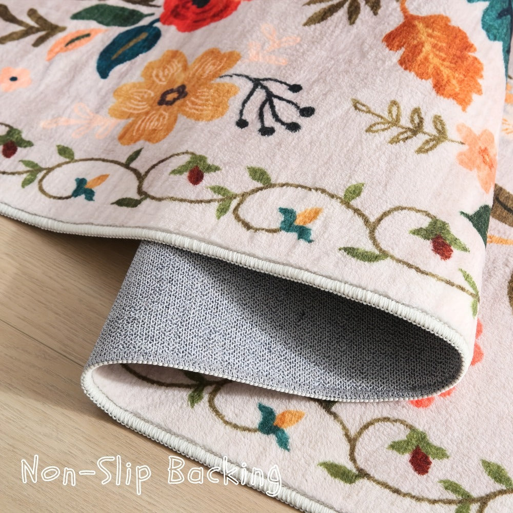 Bohemian Floral Plush Rug Non-Slip Machine Washable – Soft Floral Runner Mat for Bedroom, Kitchen, Bathroom, Entryway & Living Room – Easy Clean Indoor Home Decor Mat, 4 Sizes