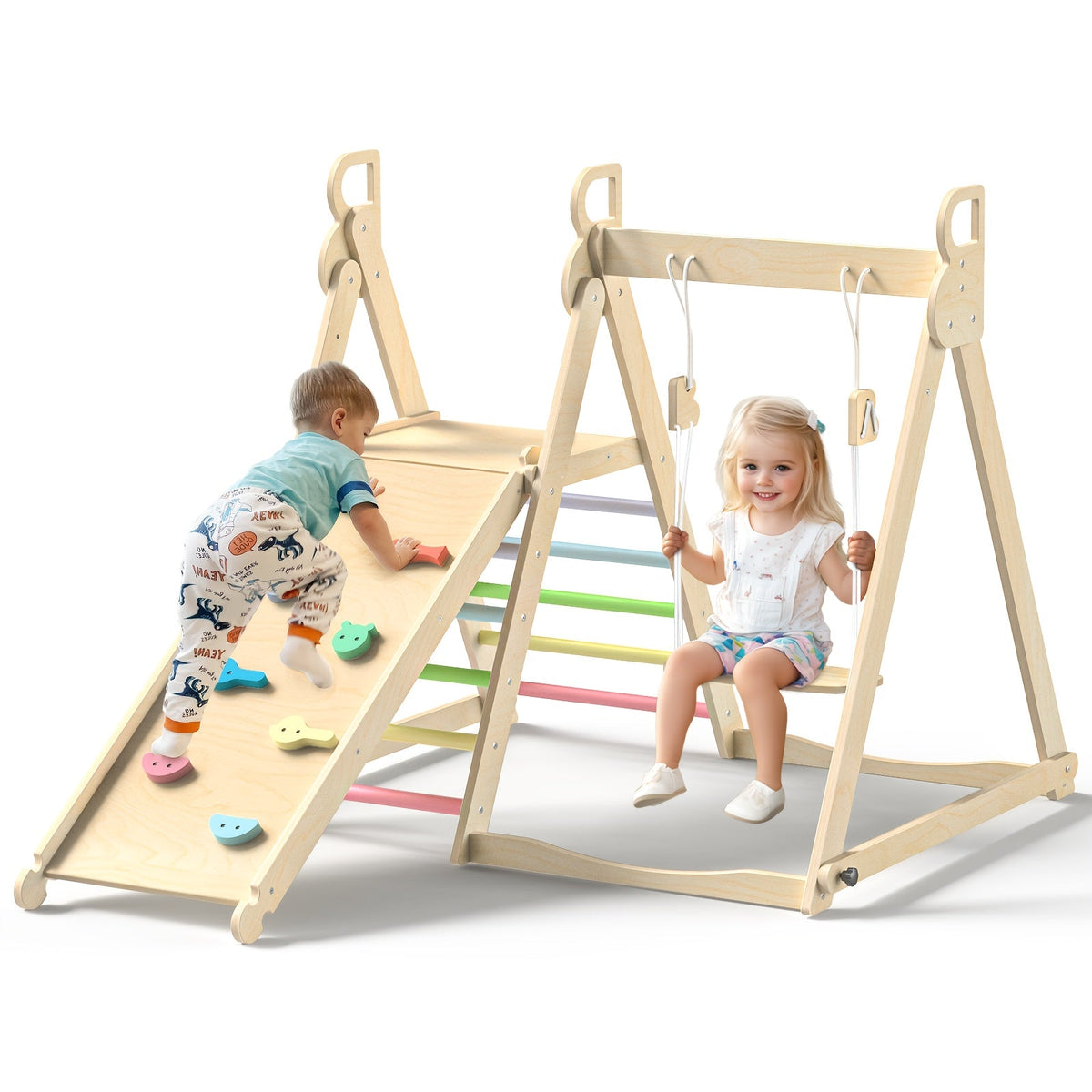 Foldable Indoor Wooden Jungle Gym for Toddlers – 4-in-1 Climbing Frame with Swing, Slide & Ladder | Ages 18M+ | Rainbow & Blue | Kids Indoor Playset for Cognitive Development & Active Play