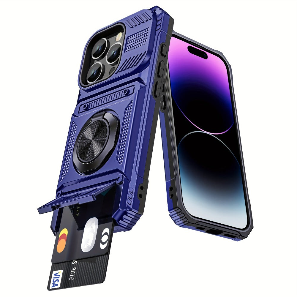 360° Metal Stand iPhone Case with Dual Card Slot Heavy Duty Shockproof Hard Shell Cover for iPhone 16 15 14 13 11 Pro Max Plus 8 7 Series – Rotating Kickstand Wallet Phone Case