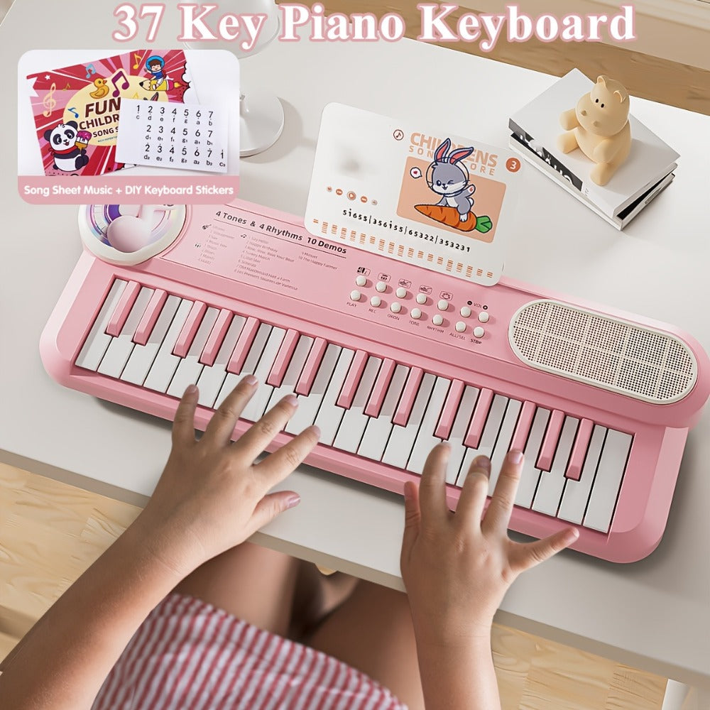 Kids Electronic Keyboard Piano Toy 37-Key White, Multi-Function Beginner Musical Instrument with Microphone, Demo Songs, Rhythms & Lights for Boys Girls Age 3+, USB or AA Battery