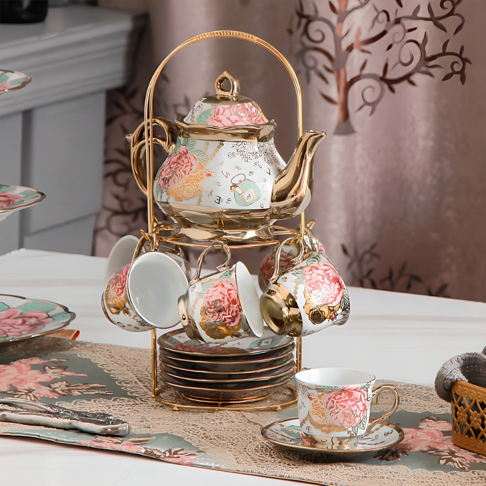 Floral Ceramic Tea Set 20 Pcs – European Porcelain Tea Cups & Saucers with Metal Holder & 15 Oz Teapot – Luxury Arabic Coffee Cup Set for Espresso, Cappuccino & Afternoon Tea – Elegant Gift