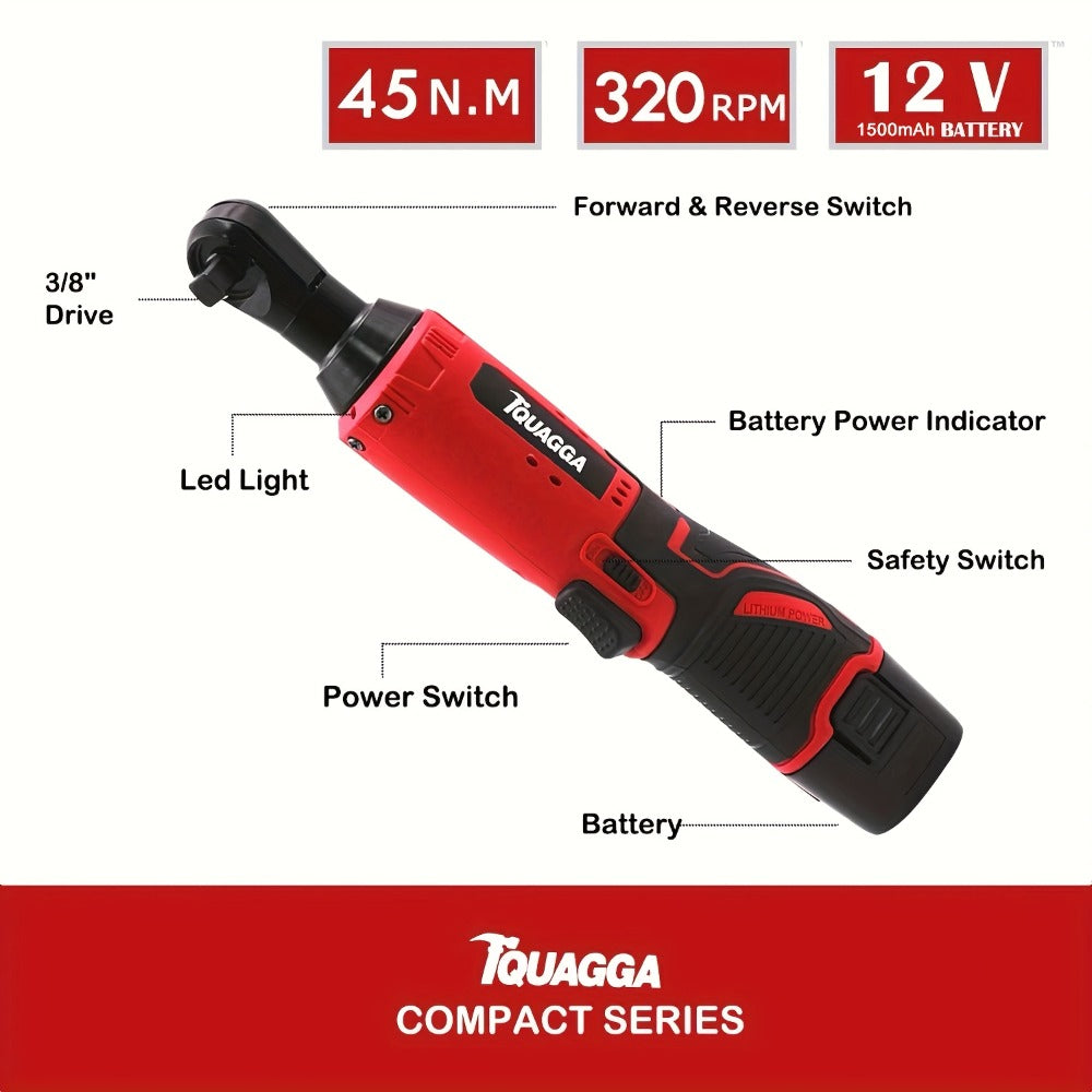 Cordless Electric Wrench QUAGGA 12V - 45Nm High Torque 3/8" Rechargeable Ratchet Wrench with Battery & Charger for Automotive Repair, Stage Truss & Home Improvement, Best Family Gift Tool