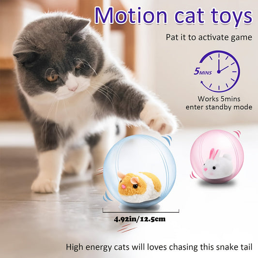 Automatic Rolling Cat Toy Ball, USB Rechargeable, Rabbit or Squirrel Design in Blue or Pink