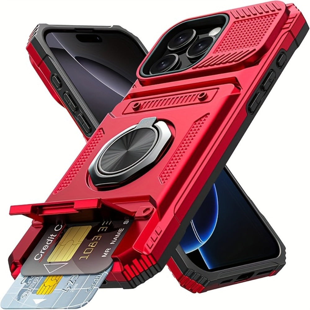 iPhone Card Slot Shockproof Case with Ring Holder & Kickstand – Wallet Phone Cover for iPhone 17 17 Air 17 Pro Max 16 15 14 13 12 11 Pro Max Plus Mini | Heavy Duty Drop Protection