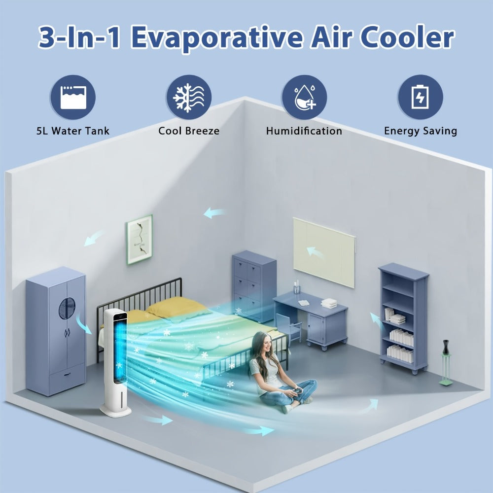 Evaporative Air Cooler Portable 1.32 Gal, 3-in-1 Swamp Cooler Fan Humidifier with Ice Cooling, 4 Ice Packs, 70° Oscillation & Low Noise, Bladeless Tower Fan Air Conditioner for Bedroom Kitchen Office
