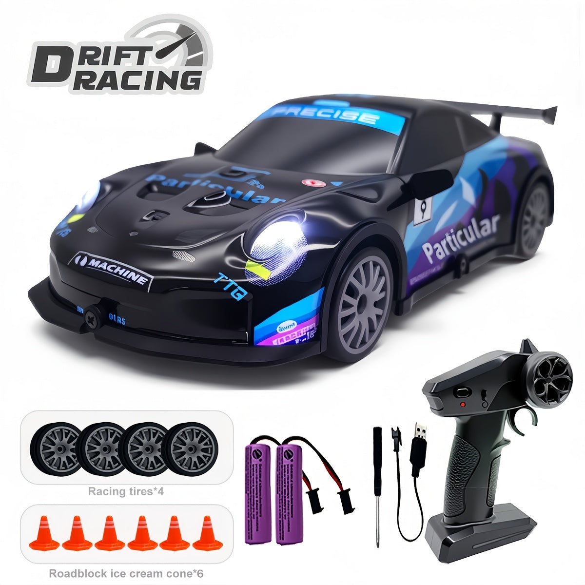 1:24 4WD RC Drift Car, 28 km/h with LED Lights and 2 Batteries