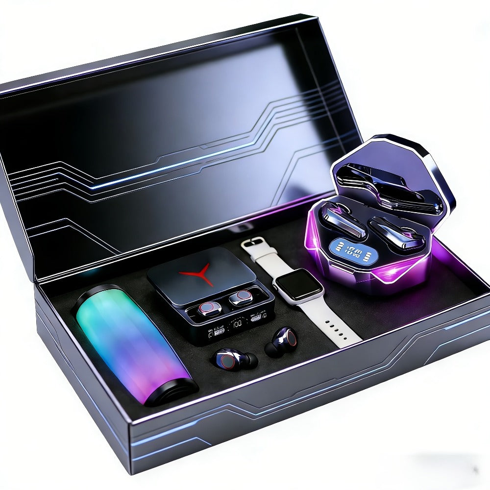 Gaming Headset Bundle Set Glowing LED Headphones Bluetooth Speaker Wireless Earbuds Surround Sound Touch Control 3-4 Piece Combo Gift Set with Free Watch for Teens Gamers