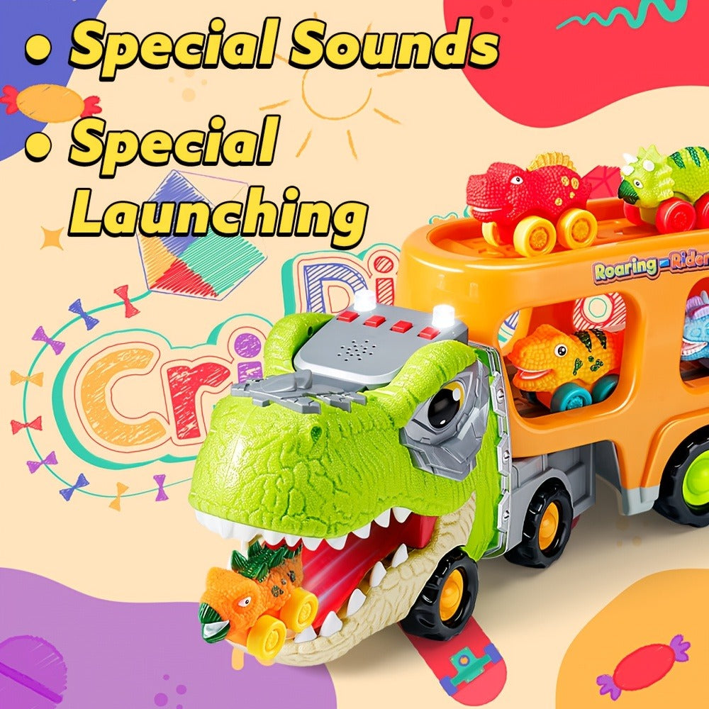 T-Rex Carrier Truck Toy – Dinosaur Transport Truck with 6 Mini Dino Cars, Ramp, Lights & Sound