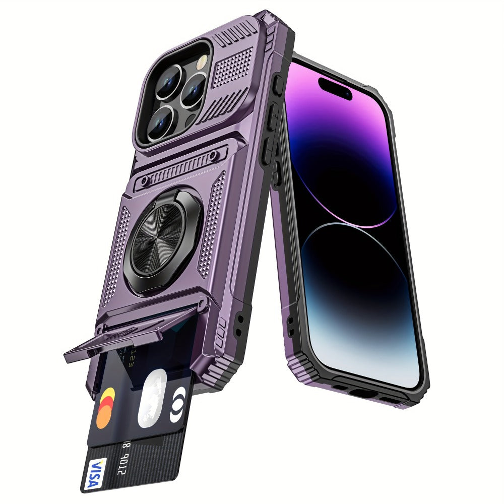 360° Metal Stand iPhone Case with Dual Card Slot Heavy Duty Shockproof Hard Shell Cover for iPhone 16 15 14 13 11 Pro Max Plus 8 7 Series – Rotating Kickstand Wallet Phone Case