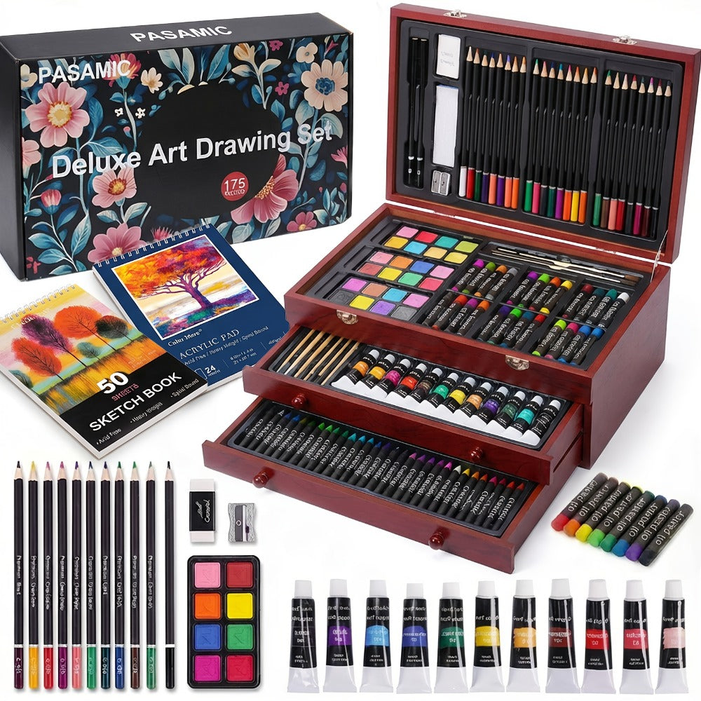175-Piece Deluxe Art Set in Wooden Case – Drawing Pads Crayons Acrylic Paints Colored Pencils Complete Professional Art Kit Gift for Kids Teens Adults Birthday Christmas
