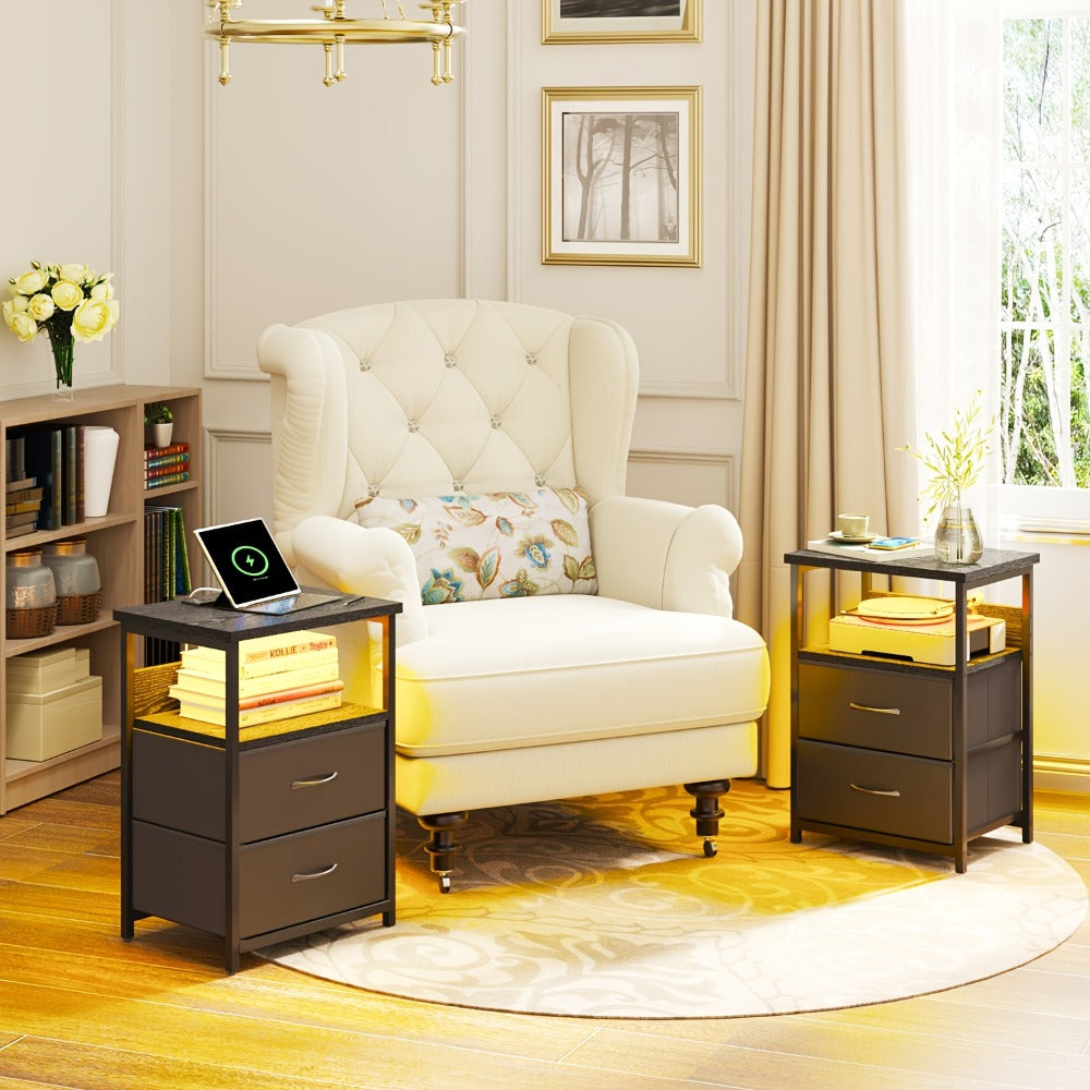 Nightstand with Charging Station & LED Light – USB Ports Outlets Fabric Drawers | PU or Clear Acrylic Desktop | 1pc or 2pcs Matching Set | Smart Bedside Table for Bedroom Dorm Student Room Black White