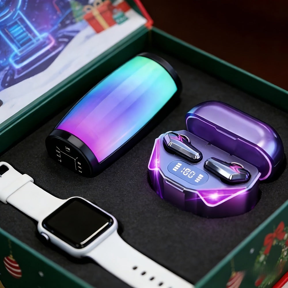 Gaming Headset Bundle Set Glowing LED Headphones Bluetooth Speaker Wireless Earbuds Surround Sound Touch Control 3-4 Piece Combo Gift Set with Free Watch for Teens Gamers
