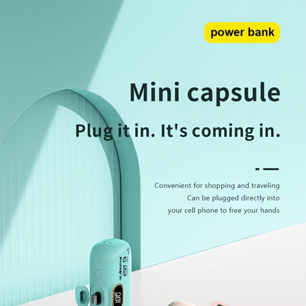 Mini Power Bank 5000mAh with Built-in USB-C Connector Fast Charging – Ultra-Compact Pocket Portable Charger for iPhone Android Samsung | Emergency Travel Charger | Green Pink
