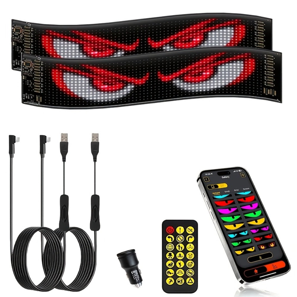 Devil Eye LED Headlight Panels 2 Pack Flexible RGB Matrix App & Remote Control - USB 5V Programmable Scrolling Text Animation Display for Car Windshield Headlight Modification Decoration 20x64