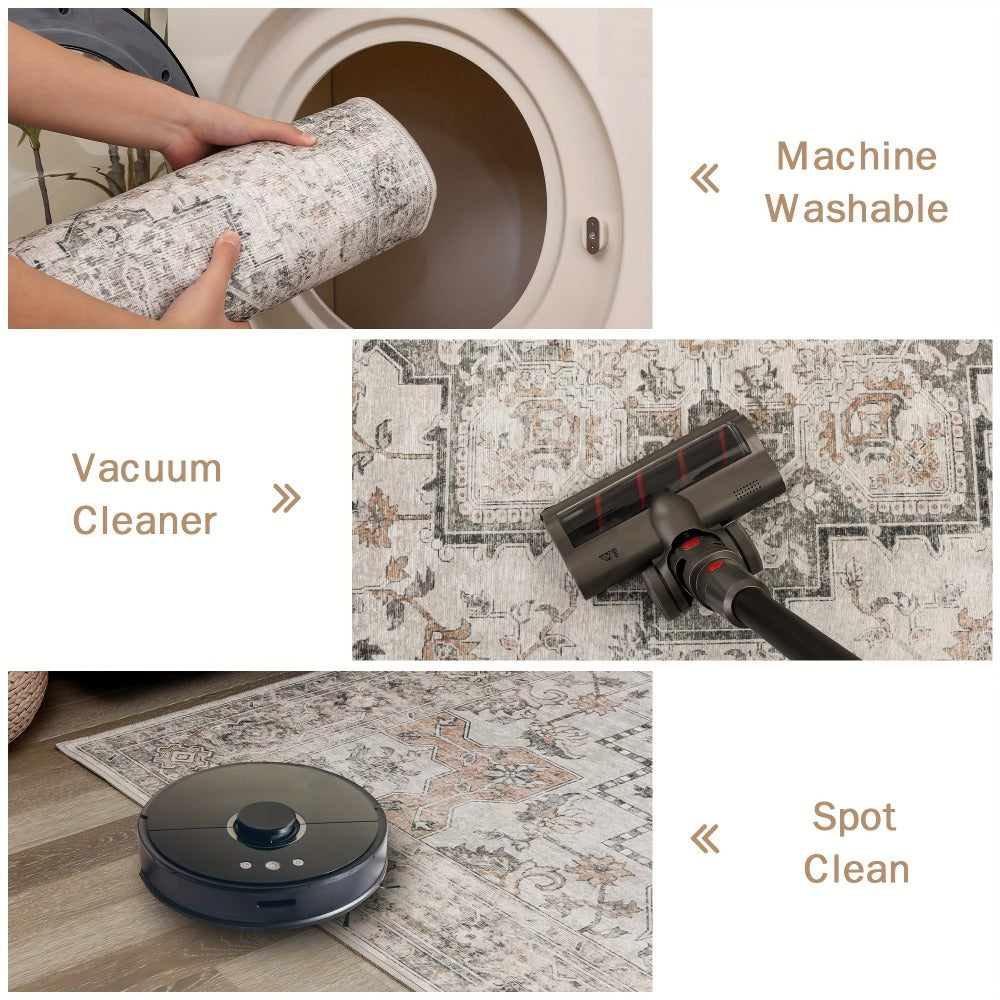 Vintage Chenille Area Rug Non-Slip Machine Washable – Retro Print Lightweight Carpet for Living Room, Bedroom, Dining Area & Home Office – Light Taupe Brown, 8 Sizes