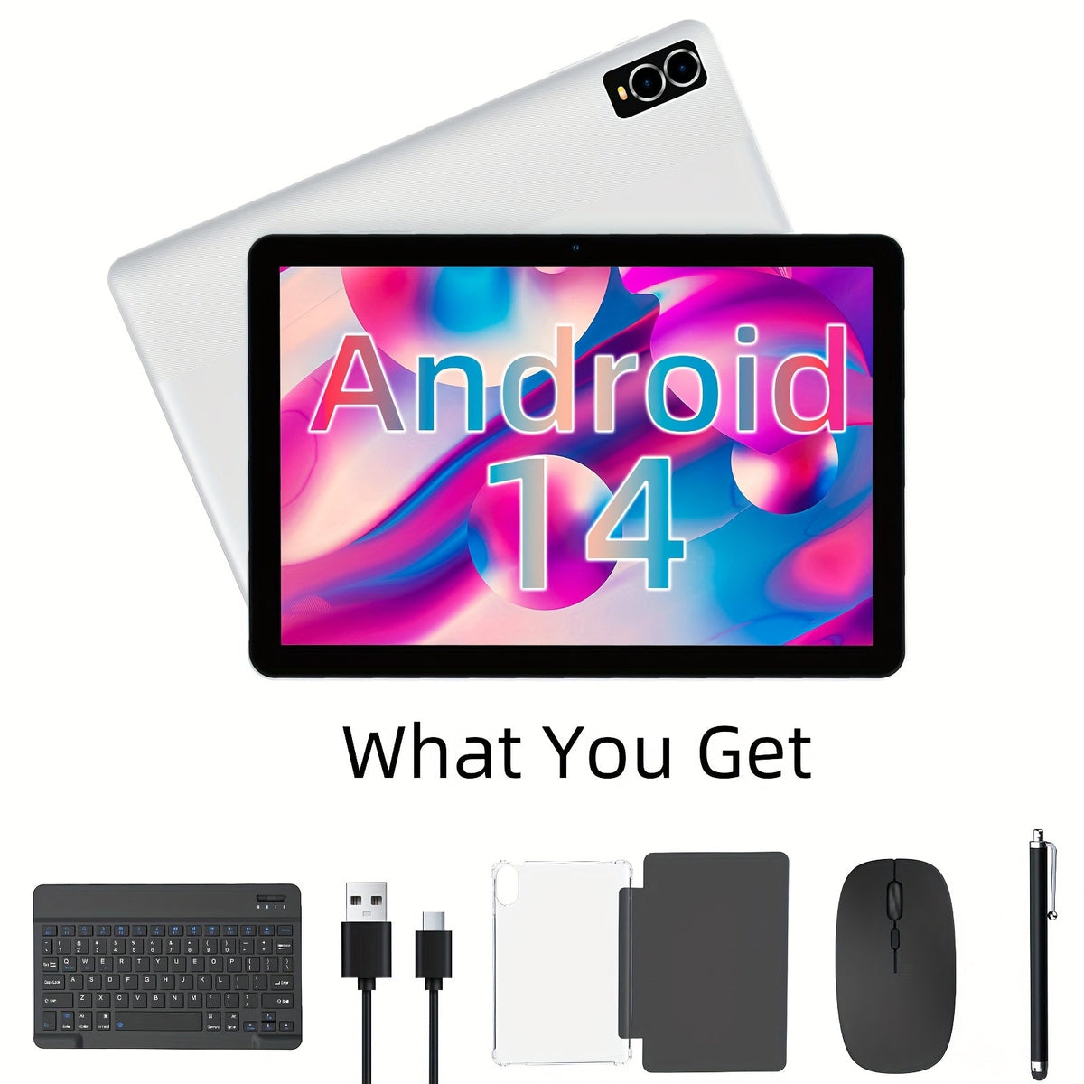 Android 14 Tablet 10 Inch 8GB RAM 32GB ROM 1TB Expandable Octa-Core A523 WiFi 6 IPS Touchscreen Dual Camera with Keyboard Mouse Case Stylus Optional Black White Pink