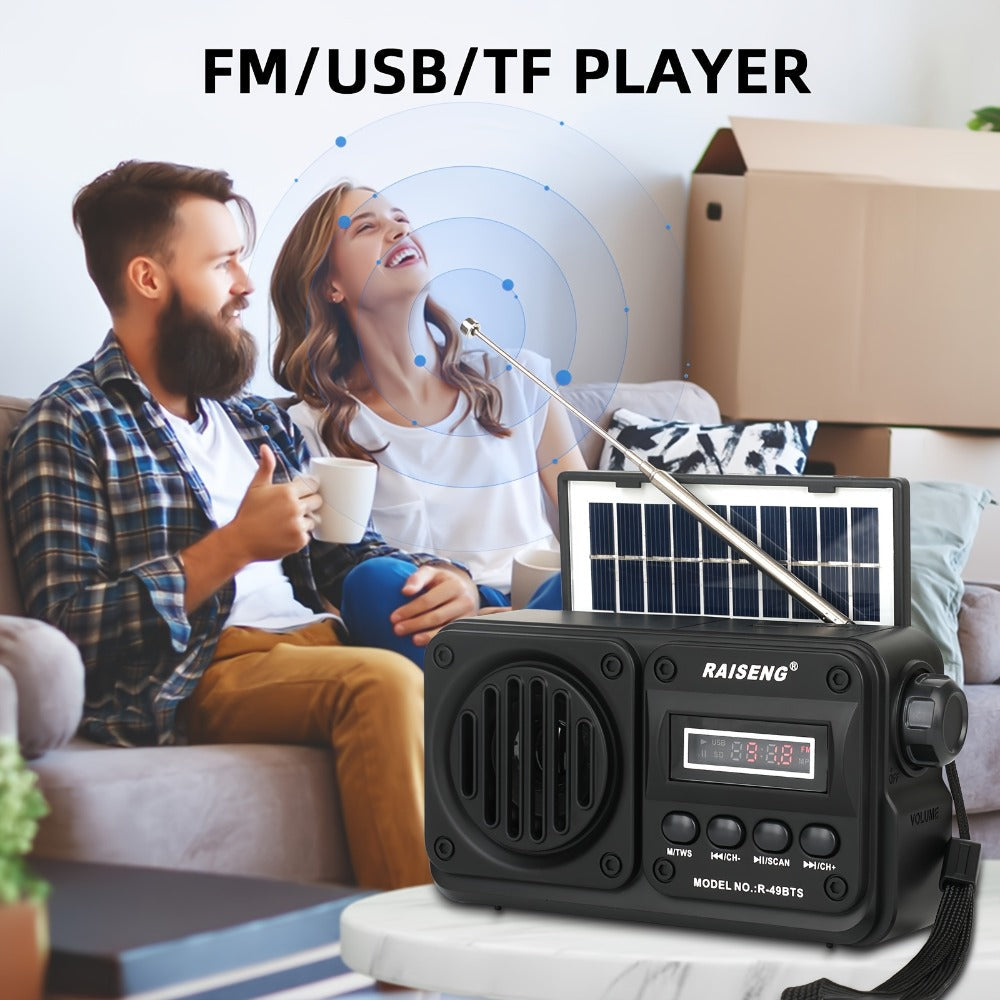 FM Portable Radio R-49BTS Retro Solar Panel Bluetooth Speaker, USB TF Card Playback, Loud Digital Radio for Indoor Outdoor Travel Emergency Camping, Independence Day Gift