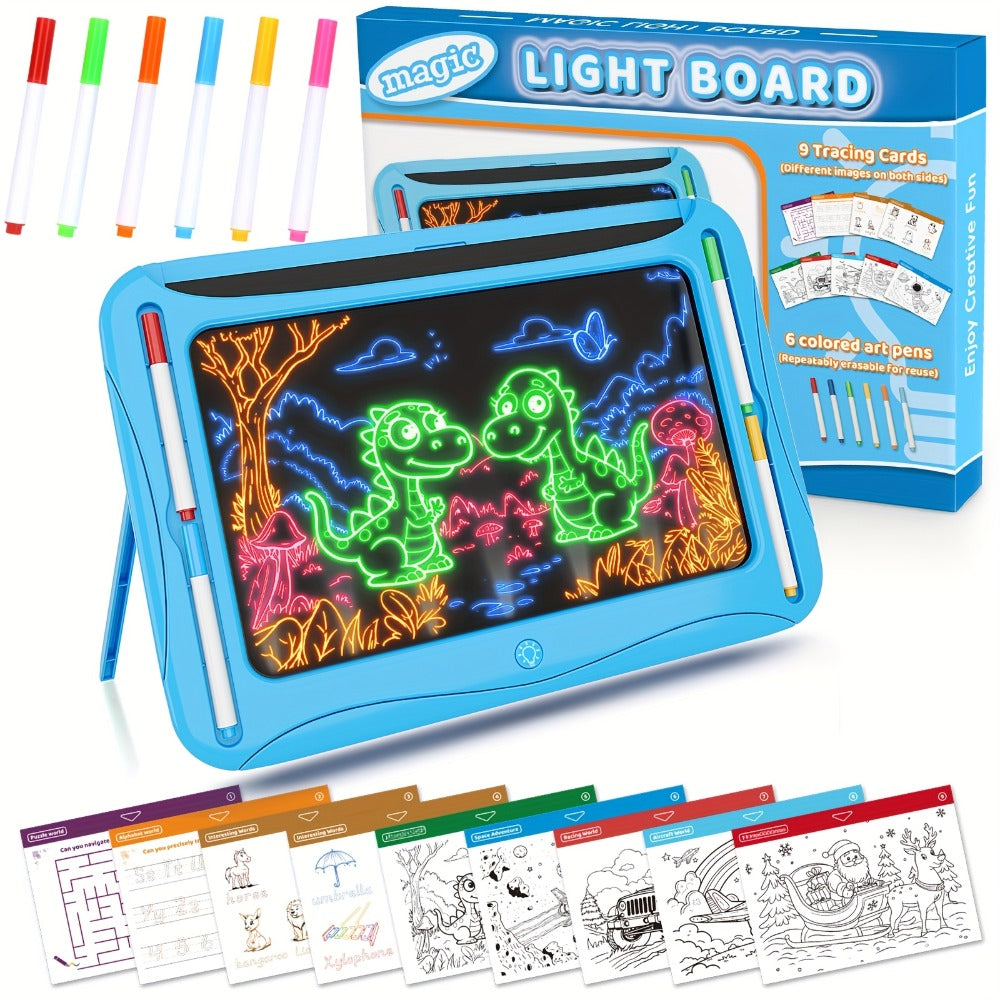 LED Light Up Drawing Board for Kids with 9 Double-Sided Tracing Cards & 6 Markers – Travel Doodle Board, 6 Colors