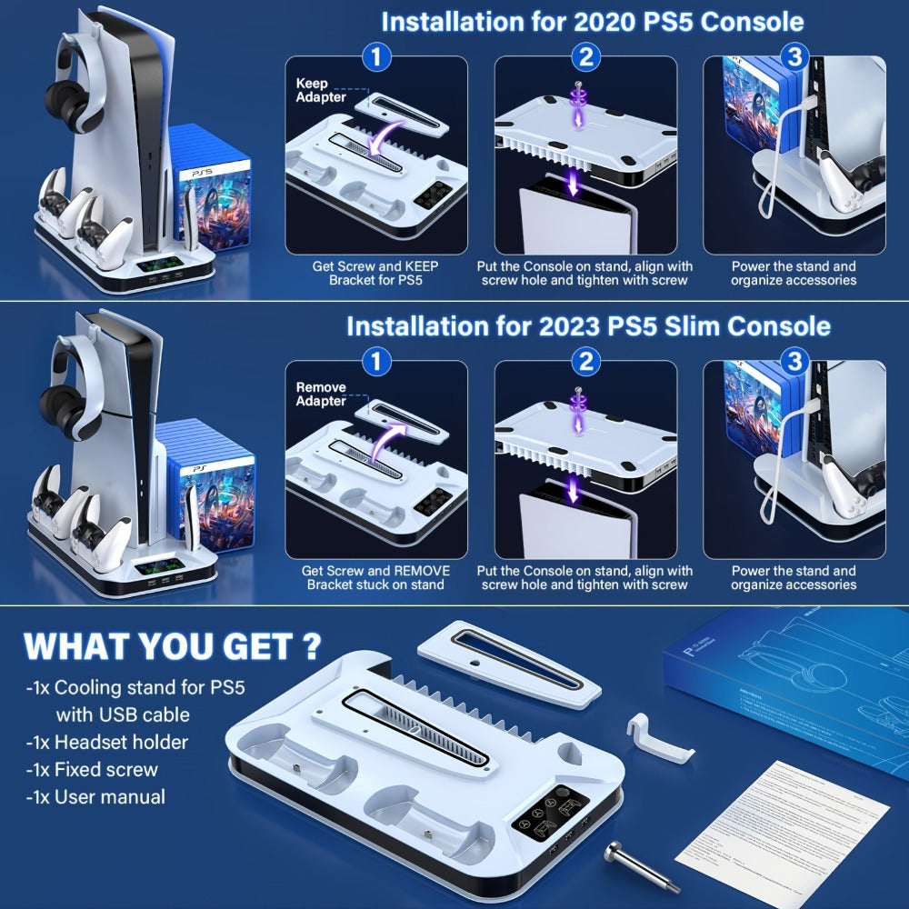 Auto Turbofan PS5 Cooling Stand with 3-Level Speed Control & Dual Controller Charger for PS5 / PS5 Slim / PS5 Pro – Charging Station for All PlayStation 5 Console Editions, Great Christmas Gift