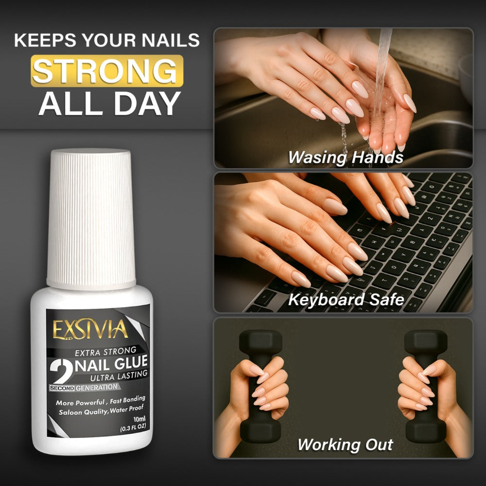 Extra Strong Brush On Nail Glue 10ml Exsivia - Quick Dry Waterproof Long Lasting Bond for Press On Nails Acrylic Fake Nail Tips - No Dehydrator or Primer Needed Salon Quality Nail Adhesive for Women
