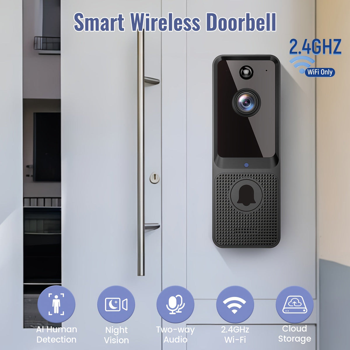 166° Ultra Wide Angle Smart Doorbell Camera 2K HD Wireless WiFi – AI Human Detection, Two-Way Audio, Night Vision, Cloud Storage, Rechargeable Battery, 2.4GHz, Black Linen Purple