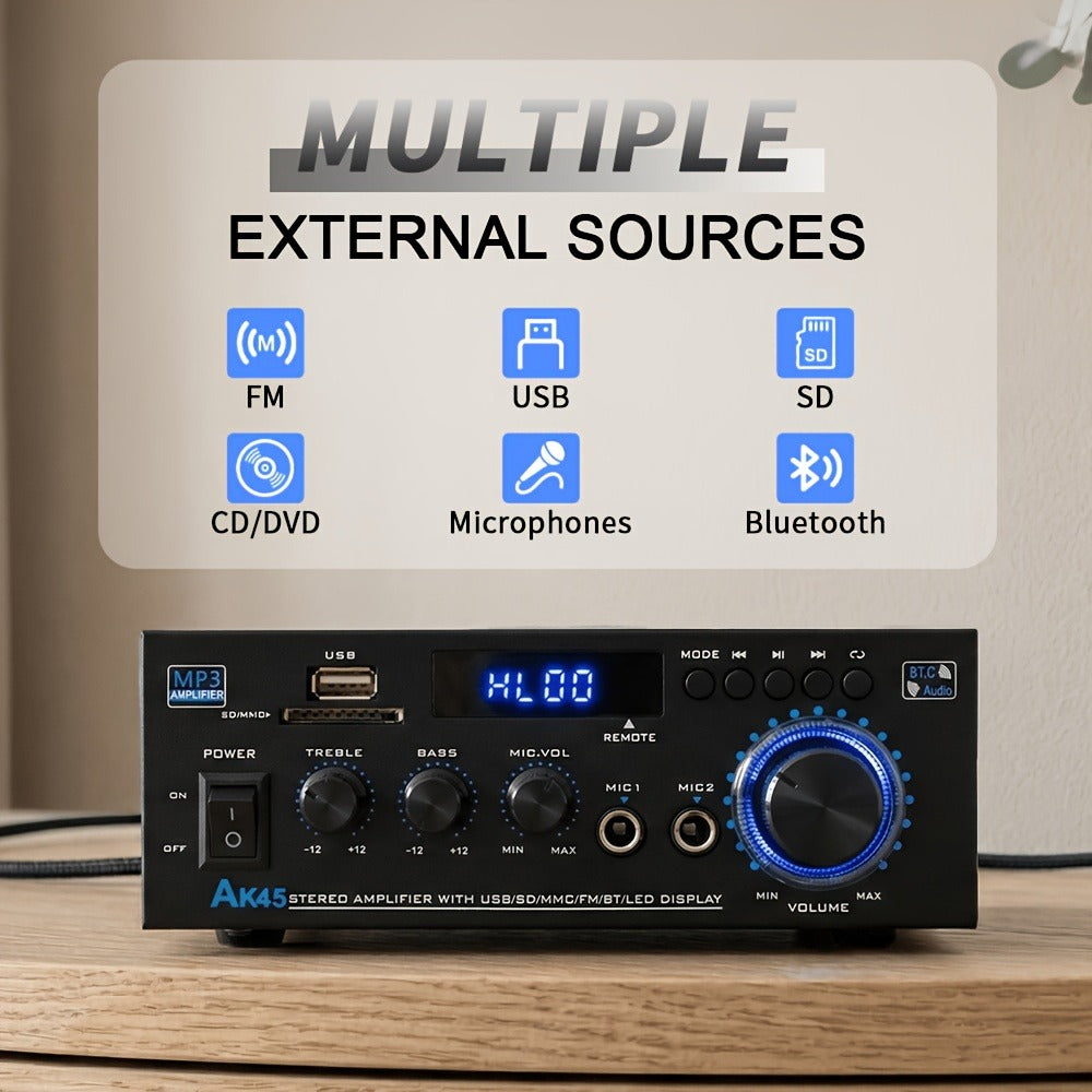 400W Bluetooth 5.0 Stereo Amplifier Receiver AK45, 2-Channel Home Audio Power Amp with Karaoke, FM Radio, USB MMC SD Card, Supports Passive Ceiling Speakers Garage Home Theater Speaker System