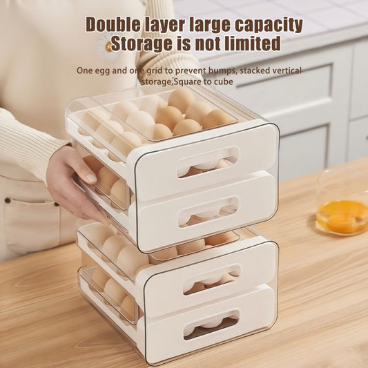 Egg Storage Container with Drawer, 32-Egg Double-Layer Fridge Organizer, White