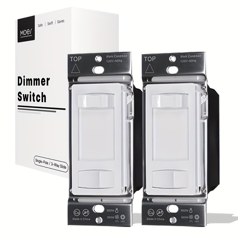 MOES Slide Dimmer Light Switch 3-Way & Single Pole No Neutral Wire – 600W Max, Compatible with LED CFL Incandescent Halogen, On/Off Dimming Control, Bedroom Hallway Living Room, Black & White (2/6-Pack)